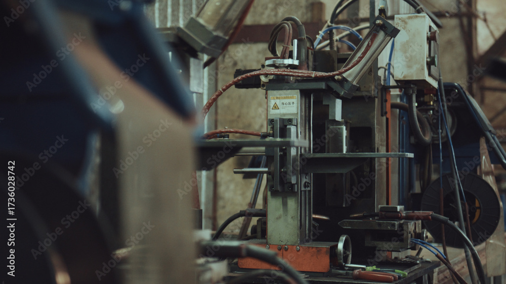 Fototapeta premium Industrial welding machine in specialized heavy industry workshop with electrical cables showing manufacturing process of various metal parts, representing automation, technology, and engineering