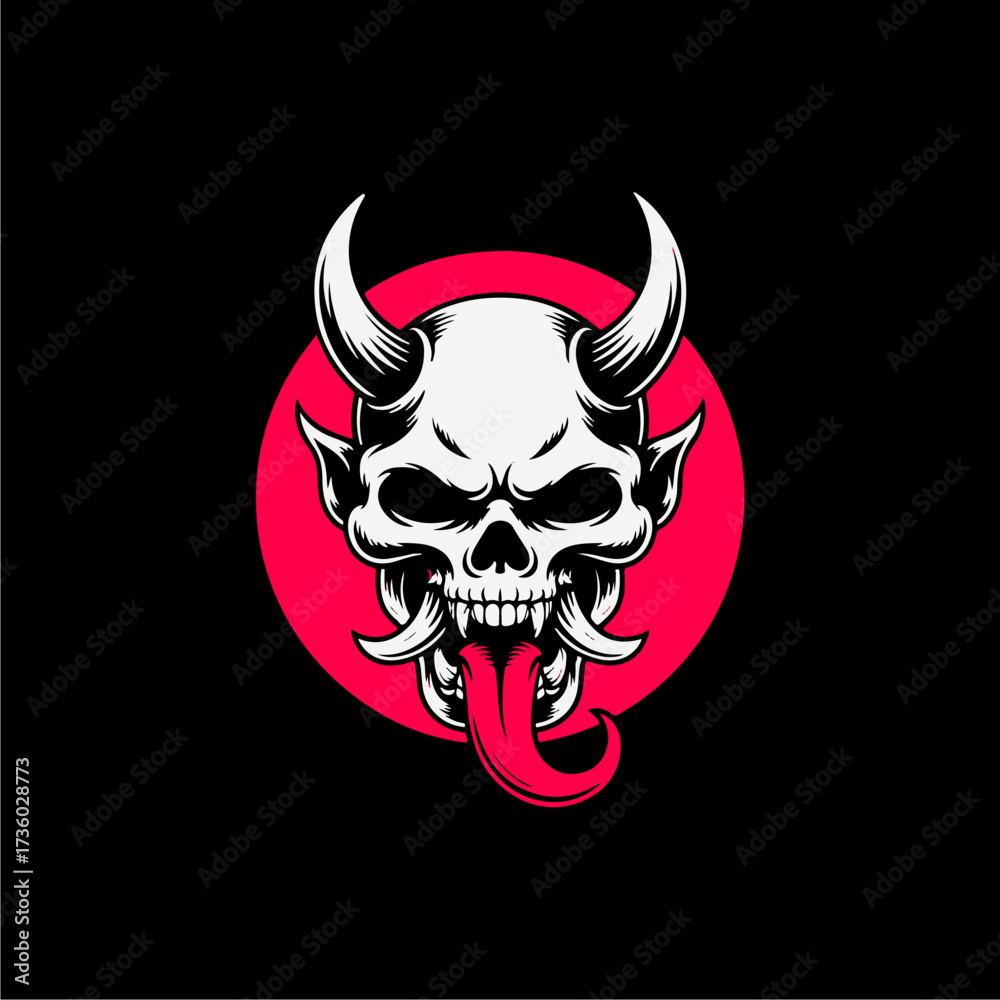 Fototapeta premium A stylized illustration of a demonic skull with horns, a long tongue, and a red circle backdrop against a black background.