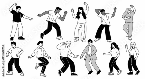 Dynamic diverse individuals expressing joy and freedom through dance in a clean, modern black and white line art style for engaging projects.