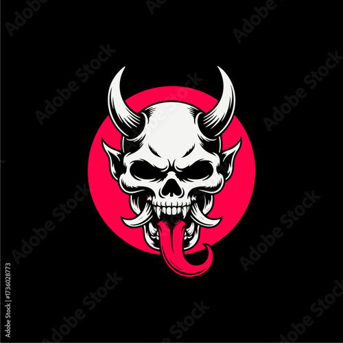 A stylized illustration of a demonic skull with horns, a long tongue, and a red circle backdrop against a black background.