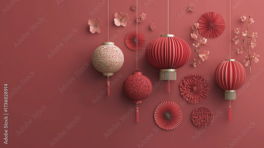 Fototapeta premium Red paper lanterns and festive decorations on red background