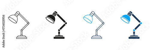 Adjustable Desk Lamp Line And Solid Icon Set. Task Lighting, Workspace Illumination, And Office Decor Symbol Collection. Versatile Design For Home And Office. Isolated Vector Illustration