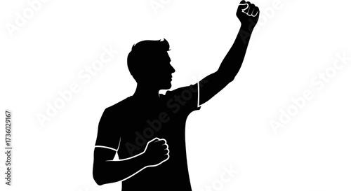 Dynamic black silhouette of a man repssing his fist high in a powerful gesture of triumph and solidarity.
