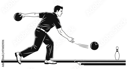 Dynamic illustration of a bowler releasing the ball down the lane towards the pin, ready for a strike, with bold black and white design