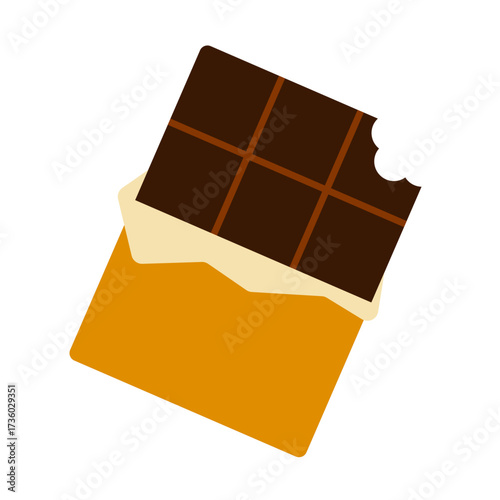 Chocolate bar icon flat style. Simple bitten candy bar with unwrapped foil print. Perfect for dessert, confectionery,  sweet treats designs. Vector illustration