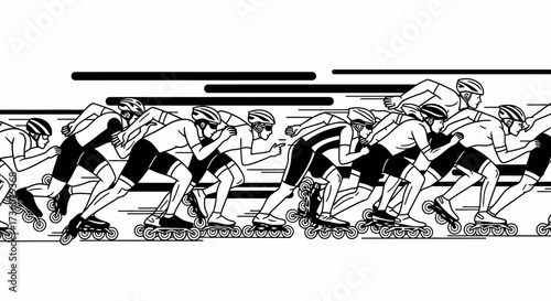 Dynamic inline skaters racing competitively at high speed, showcasing athleticism and determination in a fast-paced urban environment with bold lines