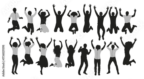 Dynamic silhouettes of diverse people celebrating success, joy, and freedom with arms repssed in a collective jump