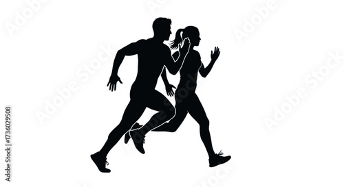 Dynamic silhouettes of a man and woman running together in a determined race, perfect for fitness, sports, and health concepts