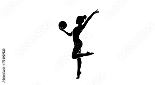 Elegant gymnast silhouette performing with ball, showcasing grace and balance in stunning black and white art