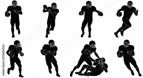 Dynamic football silhouettes in action, running, passing, and tackling, perfect for sports designs and athletic branding, capturing the intensity