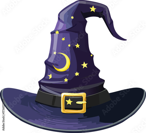 A classic, purple witch hat with a golden buckle, a moon, and stars. An isolated vector illustration for Halloween and magic concepts. Generative AI