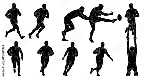 Dynamic rugby players in action silhouettes demonstrating speed, power, and teamwork during a competitive match, perfect for sports branding