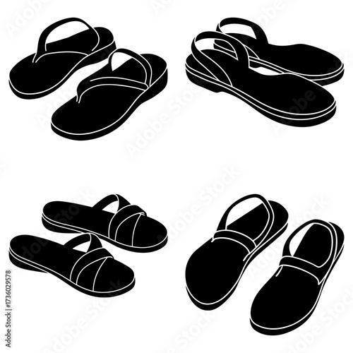 Assortment of four pairs of black sandals including flip flops and slingback style footwear isolated  on white 100
