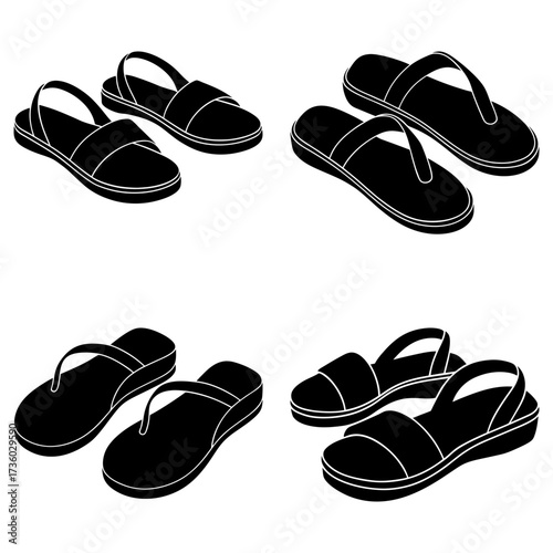 Illustration showing four pairs of footwear including sandals and flip flops in black and white style