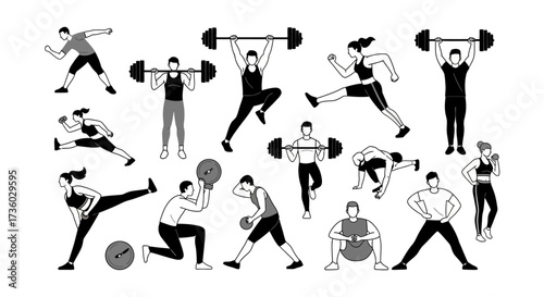 Dynamic fitness illustrations of diverse people exercising with weights, dumbbells, and doing various workout routines for gym and health