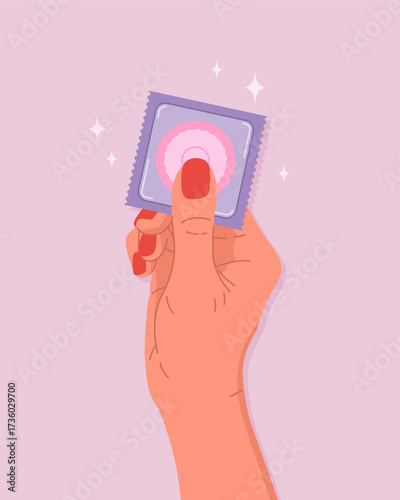 Female hand holding condom package. Concept of contraception method, protection against infections and unwanted pregnancy. Birth control, safe sex concept. Hand drawn cartoon illustration