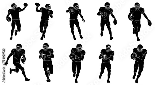 Dynamic silhouettes of football players in action, perfect for sports designs, team branding, and athletic promotions, conveying energy and movement