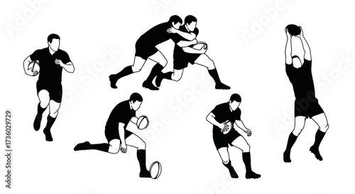 Dynamic rugby players in action illustrated in black and white, perfect for sports branding and athletic designs