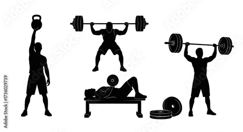 Dynamic silhouette workout illustrations showcasing strength trepsning with barbells, kettlebells, and weights for fitness goals