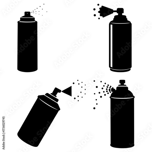 Four black spray paint cans in different positions spraying paint on a white background in vector format