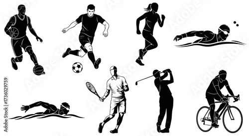 Dynamic silhouettes of athletes in action, perfect for sports branding, fitness campepsgns, and health-related designs, conveying energy and movement.
