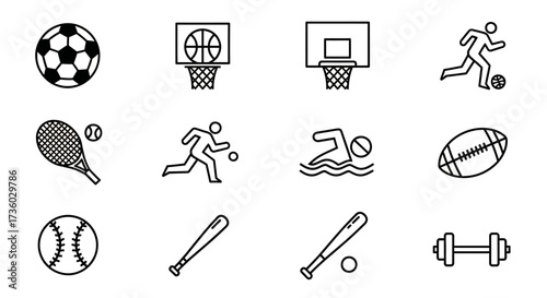 Dynamic sports icons showcasing soccer, basketball, tennis, running, swimming, rugby, baseball, and weightlifting, perfect for design projects