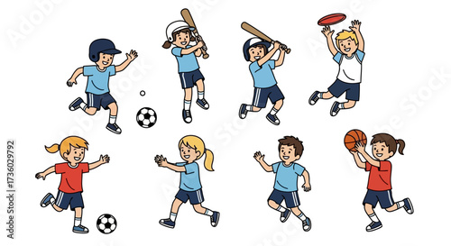 Joyful children playing various sports including baseball, basketball, soccer, and frisbee, perfect for illustrating fun and active lifestyles