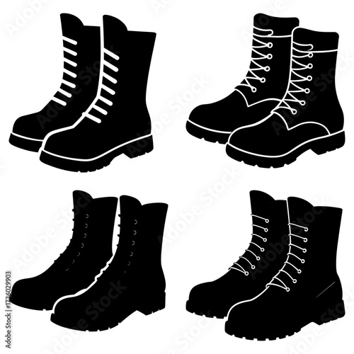 Four pairs of black combat boots with different lacing styles arranged on a white background design
