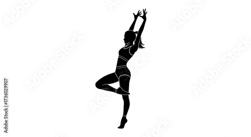 Dynamic silhouette of a woman gracefully practicing yoga, promoting wellness and a healthy lifestyle on a clean white background