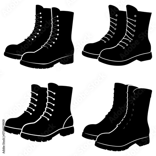 Illustration showing four pairs of black lace up boots arranged in a square fashion on white background