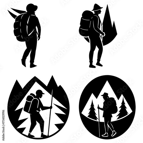 Silhouettes of hikers with backpacks and hats against mountain landscapes in various graphic compositions