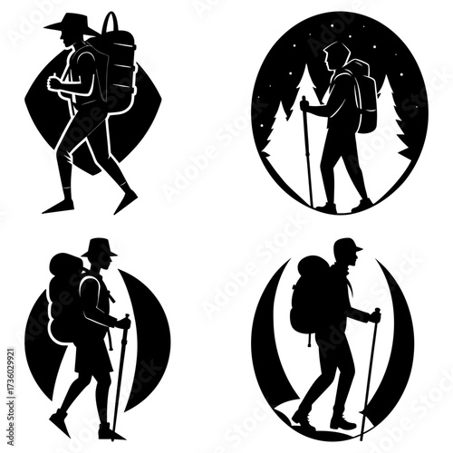 Four silhouette illustrations of hikers with backpacks in different outdoor settings and poses shown here