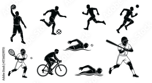 Dynamic silhouettes of athletes in action, perfect for sports branding, fitness campepsgns, and health visuals, conveying energy