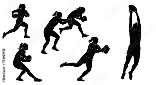 Dynamic silhouettes of women playing rugby, showcasing action, strength, and teamwork in a competitive sports setting, ready for your design needs