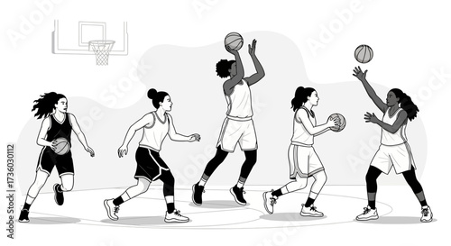 Dynamic illustration of female basketball players in action, showcasing teamwork and competitive spirit on the court