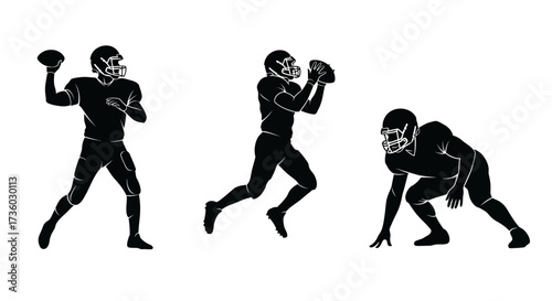 Dynamic American football players in action, silhouettes depicting throwing, catching, and stance on white background