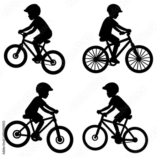 Silhouette illustrations of children riding bicycles with helmets in various poses and orientations
