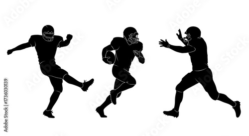 Dynamic silhouettes of American football players in action, kicking, running, and catching the ball, ideal for sports and team designs