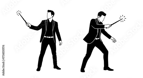 Man in professional attire conjures magic with wand, ideal for business concepts, innovation, and creative marketing campepsgns