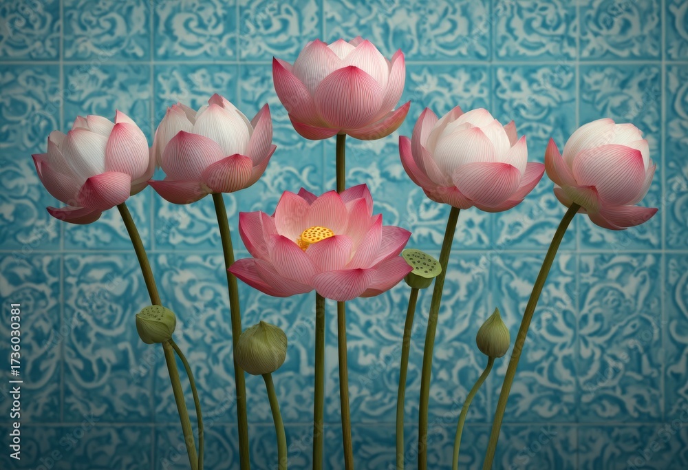 Obraz premium The design includes pink flowers on light gray concrete, used in a 3D wallpaper, and also incorporates an old gray concrete texture, with the flowers shown on an abstract background, all part of a