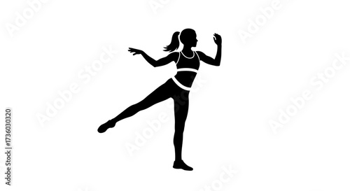 Dynamic woman performing athletic dance move, showcasing fitness and graceful movement in a stylish silhouette agepsnst a clean background.