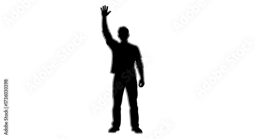 Confident man waving energetically, signaling hello, and celebrating success, a dynamic silhouette representing optimism and connection.