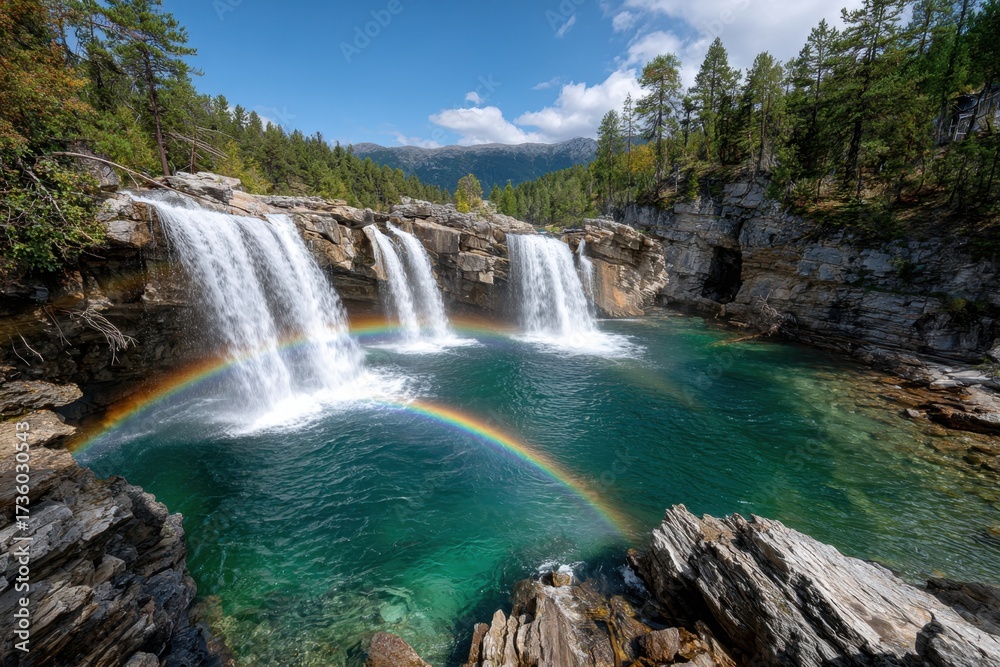 Fototapeta premium Triple Waterfall with Rainbows in a Pristine Mountain Setting