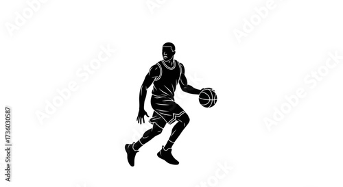 Dynamic basketball player dribbling with focus and determination, perfect for sports branding and athletic designs