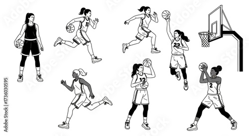 Dynamic female basketball players in a range of action poses, dribbling, shooting, and running, showcasing athletic strength and team spirit.