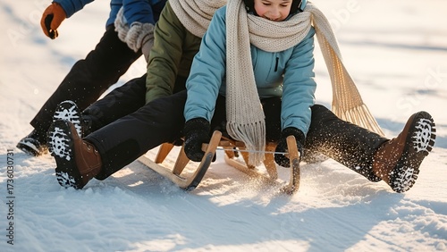 Three children are sledding down a snowy hill, enjoying a winter day with bright sunlight and visible snow spray.