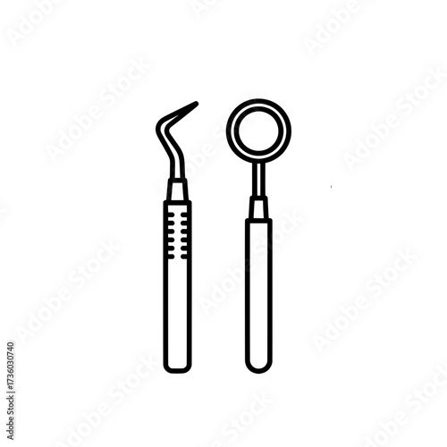 Vector illustration of dental tools including a dental mirror and an explorer. Simple black and white outline design suitable for medical or dental themes.