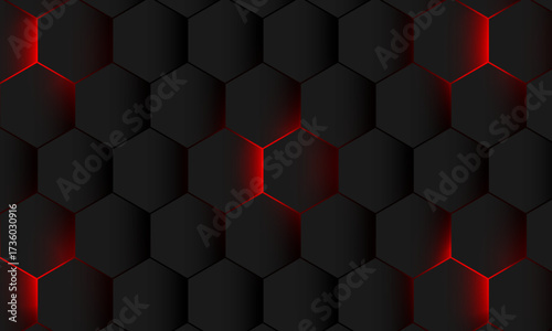 Dark metal hexagon with red beam background, 3d render illustration.