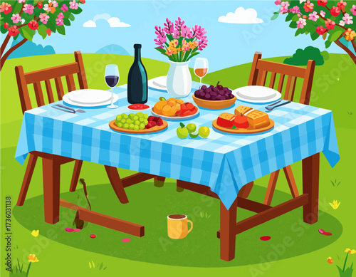 Picnic table with food and drink in garden on sunny day cheerful outdoor meal high quality professional