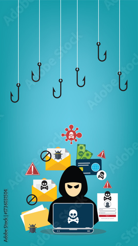 Hacker with laptop computer stealing confidential data, personal information and credit card detail. Hacking concept.	